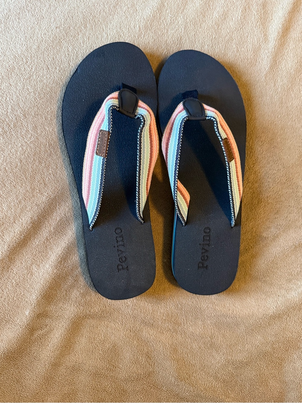 Pevino orthopedic Striped Canvas Strap Black Flip Flop Sandals. NWOB